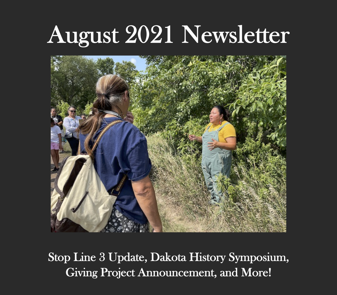 An image of someone in a field of Stringing Nettle with the words August 2021 Newsletter above. And Stop Line 3, Dakota History Symposium, Giving Project Announcement, and More! below the image.