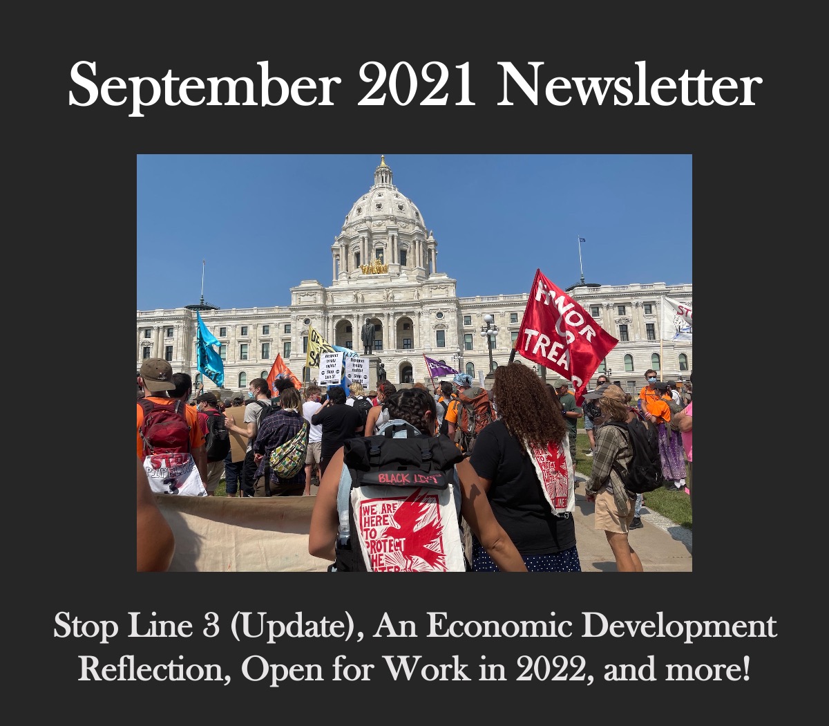 People protesting outside of the Minnesota State Capitol at the Treaties Not Tar Sands Capitol Action to Stop Line 3 March