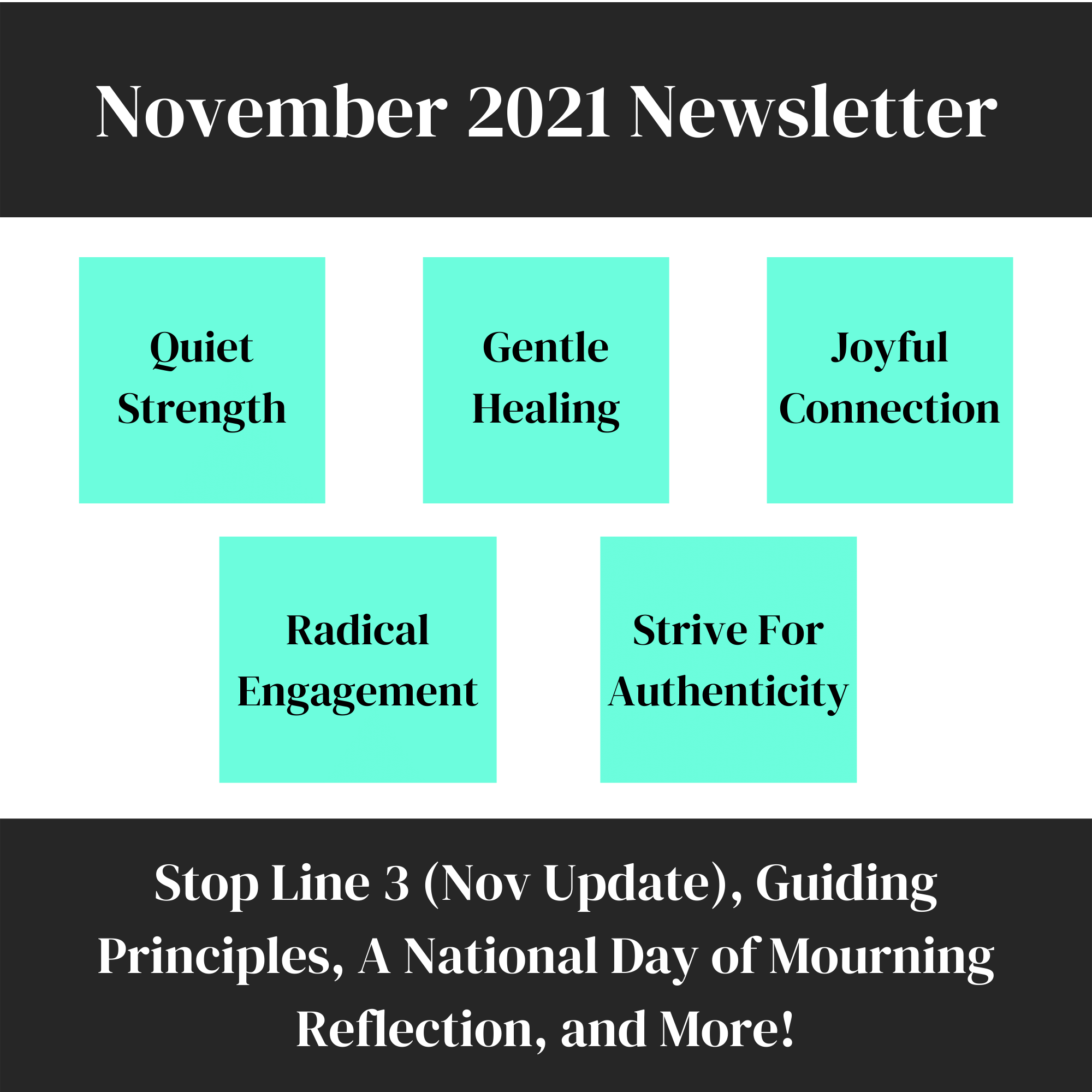 November 2021 Newsletter Banner. There are 5 text boxes that say "Quiet Strength," "Gentle Healing," "Joyful Connection," Radical Engagement," and "Strive for Authenticity."